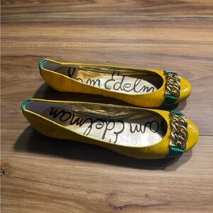 Sam Edelman Yellow Leather Flats with Green and Gold Chain